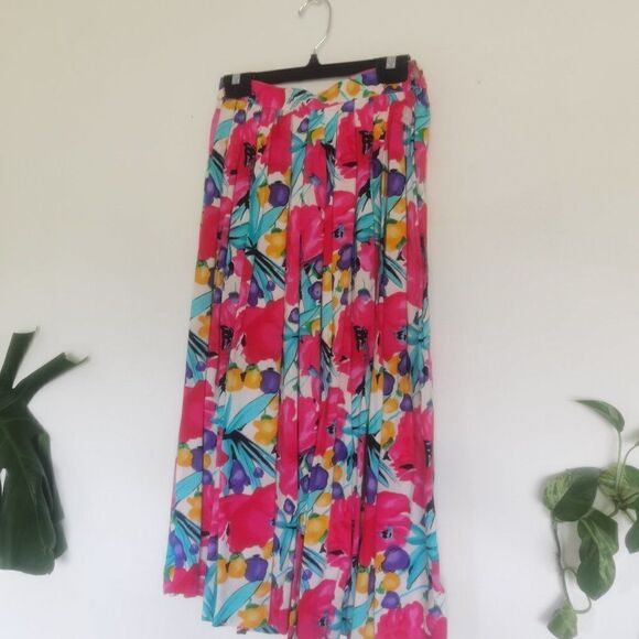 80s 90s Tropical Hibscus Hawaiian Skirt Pleated Midi Flowy Floral Pink Vintage - Picture 1 of 5